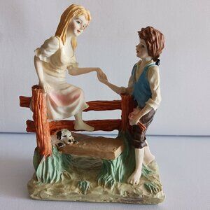 Vintage Resin Figurine of Boy Helping Girl Over Fence W/Dog
